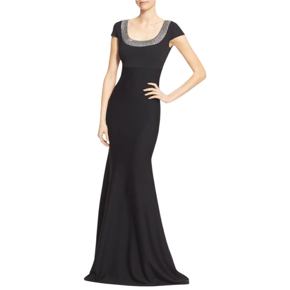 St. John Black Jeweled Scoop Neck Wool Blend Maxi Knit Trumpet Dress Gown 8